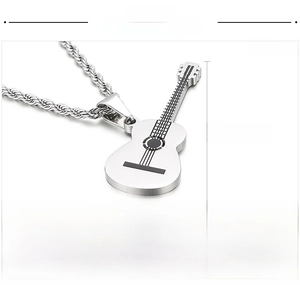 Detailed technical spec showing 50x18mm stainless steel guitar pendant with rope chain