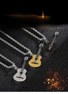 Close-up of guitar pendants in silver, gold, and black with durable rope chains