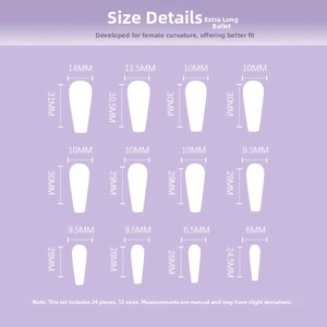 Size chart for long coffin press-on nails featuring 12 different width and length dimensions
