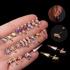 Cartilage Earring Stud Stainless Steel Bar Copper Inlaid Cubic Zirconia Opal Flower Moon Star Shape Screw Ball Back Fashion Piercing Jewelry