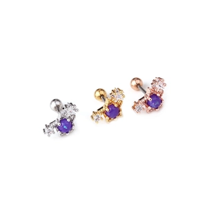 Three-piece stainless steel ear studs with purple zircon in silver, gold and rose gold