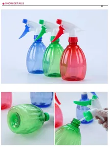 Detail view of colorful plastic spray bottles with textured vertical stripes and pump nozzle