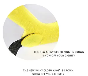 Detail of the soft gold cloth crown with a wide black adjustable strap for secure fitting