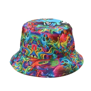Unisex bucket hat with colorful graffiti plant print on premium canvas for outdoor sun protection