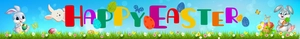 Vibrant Happy Easter banner detail featuring colorful cartoon bunnies and painted eggs