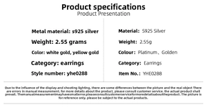 Detailed spec card for S925 silver chain earrings showing weight and color options