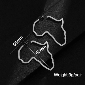 Detail view of silver Africa map earrings showing 55mm height and 63mm width dimensions
