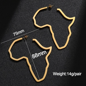 Detailed dimensions of gold Africa map earrings showing 75mm width and 88mm height