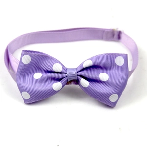 Detailed view of a purple polyester pet bowtie with white polka dots and adjustable strap