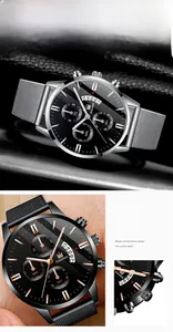 Detail of quartz watch with mesh band showing calendar window and minimalist dial