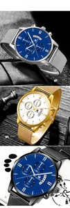 Detailed view of SHAARMS men's quartz watches with mesh straps and calendar display