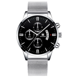 Men's business quartz watch with black dial, silver mesh steel strap and calendar display
