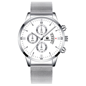 Men's business quartz watch with silver Milanese mesh strap and white chronograph dial