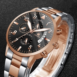 Macro detail of chronograph watch with rose gold indices and curved calendar window