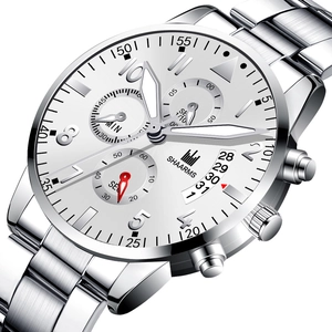 Men's silver business watch with stainless steel strap and calendar on white background