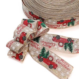 Linen Christmas ribbon with red truck and green tree pattern for holiday gift wrapping