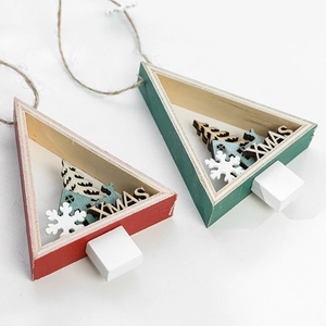 Christmas wooden triangle tree pendant with XMAS cutout and jute rope for holiday decor