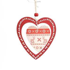 Nordic wooden heart ornament with reindeer and snowflake patterns for Christmas tree