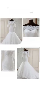Détail d'une robe de mariée en dentelle à épaules dénudées avec traîne sirène