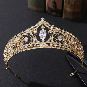 Detailed view of bridal crown featuring gold alloy frame with white zircon embellishments
