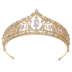 Elegant gold bridal tiara with clear cubic zirconia crystals for wedding or pageant