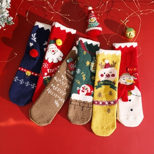 Weihnachtsflauschige Socken Korallenfleece Warm Winter Mittellang Cartoon Weihnachtsmann Rentier Schneemann Hausboden Schlaf