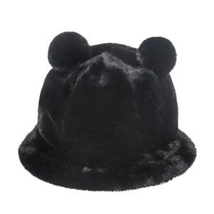 Plush black winter bucket hat with cute bear ears made of soft faux fur material