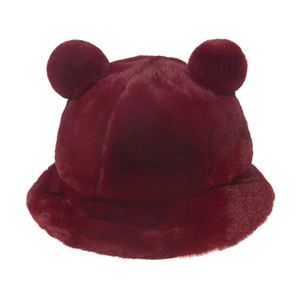 Cute burgundy plush bucket hat with fluffy faux fur pom-pom ears for winter warmth