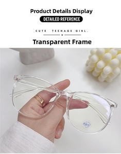 Detail view of transparent oversized frame glasses featuring anti-blue light lens sticker