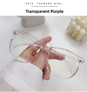 Detail view of transparent purple oversized frames with anti-blue light clear lenses