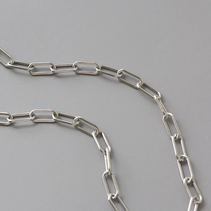 Macro shot of silver polished paperclip chain necklace showing textured metal links