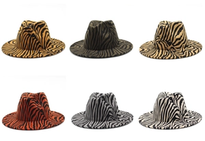 Detailed grid view showcasing six colorful felt fedora hats with animal print patterns