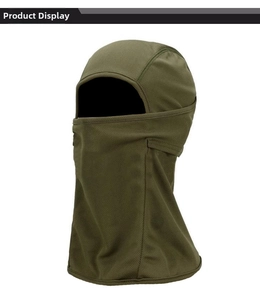 Detail of olive green tactical balaclava featuring breathable mesh fabric and long neck guard