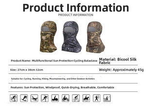 Detailed spec sheet for camo tactical face mask showing dimensions and coolmax fabric info