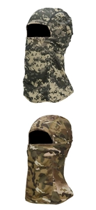 Detail view of breathable digital and woodland camouflage tactical balaclavas on white base