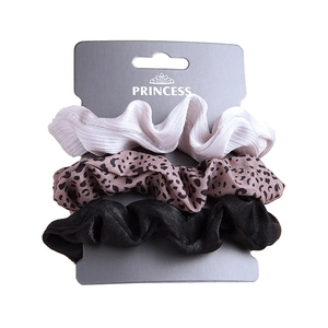 Three-piece scrunchie set in lavender, leopard print, and black on a retail display card