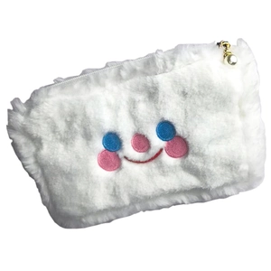 Cute white plush makeup bag with embroidered smiley face and small pearl zipper pendant