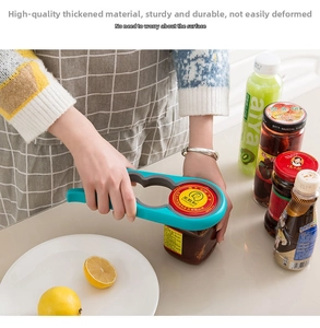Detail of 4-in-1 multi-functional jar opener showing non-slip grip on a sauce container