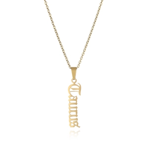 Close-up of golden stainless steel necklace with Taurus letter pendant on white background