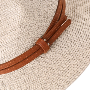 Detailed macro view of woven straw texture and brown leather strap on sun hat