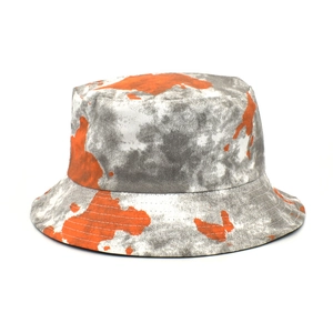 Reversible graffiti bucket hat with orange and grey tie-dye print for outdoor sun protection