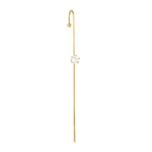 Macro detail of gold-plated geometric earring featuring a clear cubic zirconia stud