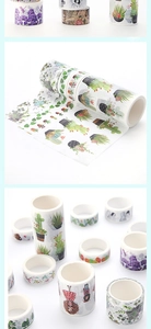 Macro detail of succulent and floral washi tape set with vintage hand-drawn illustrations