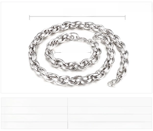 Detailed specs for steel chunky O-chain necklace (500mm) and matching bracelet (210mm)