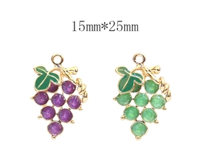 Close-up of purple and green enamel grape charms with dimensions 15mm by 25mm