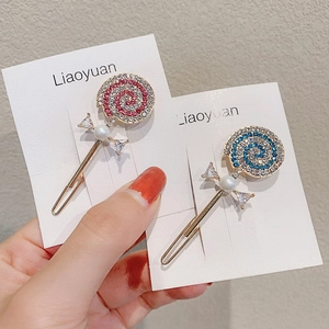 Sweet lollipop hair clips with rhinestones and pearls on golden metal frog buckle