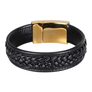 Bracelet tendance pour hommes en cuir tressé noir avec fermoir en acier inoxydable doré