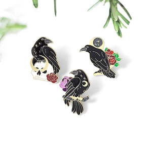 Gothic black crow alloy enamel pins set featuring skull and roses on white background