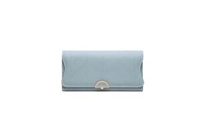 Close-up of Morandi blue long wallet featuring leaf-pattern quilting and golden clasp