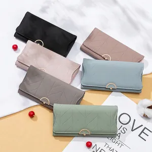 Elegant PU leather long wallets for women with leaf quilting and floral metal buckle